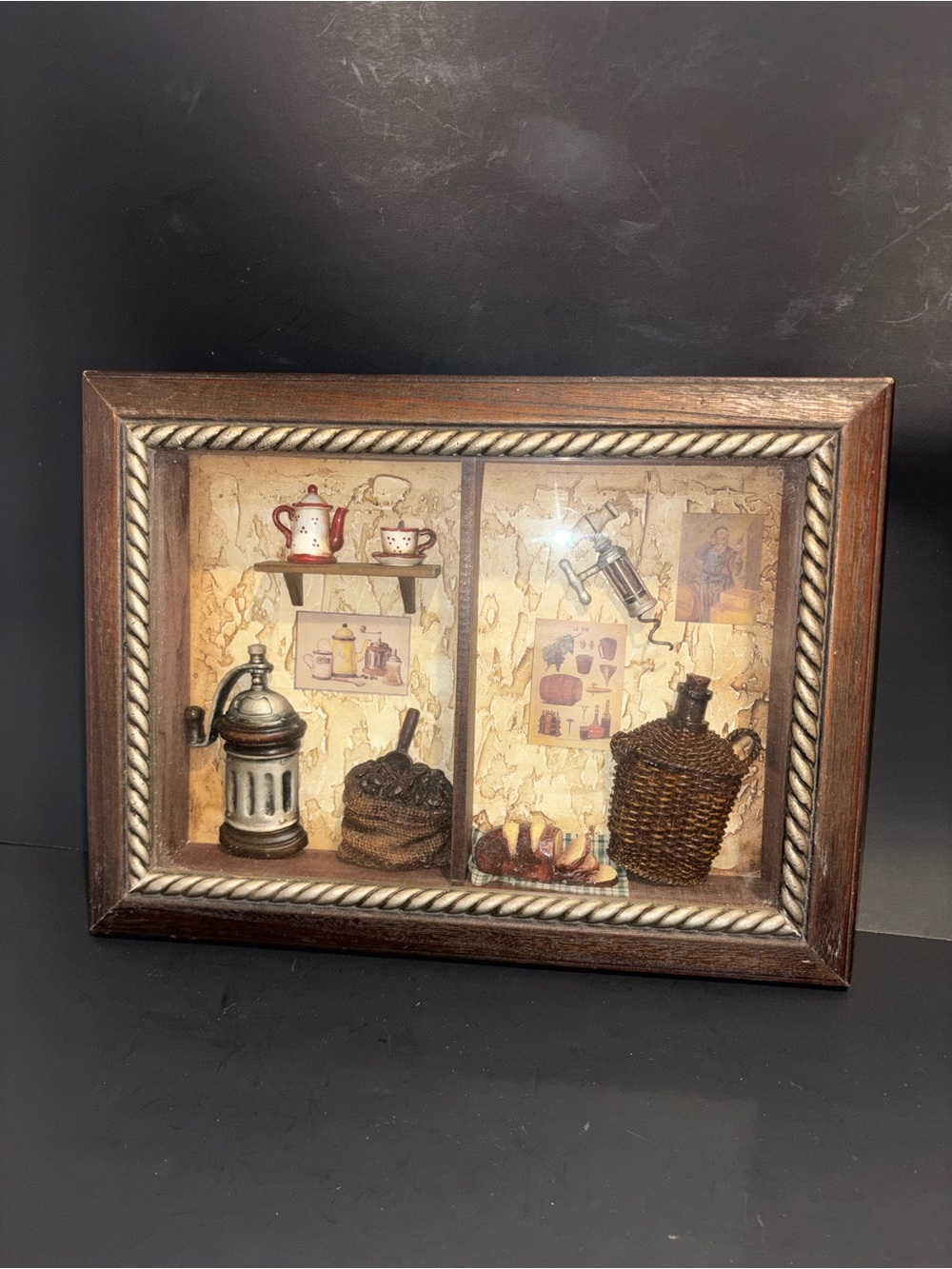 Vintage Shadow Box Wall Decor with Miniature Kitchen Accents - Brown